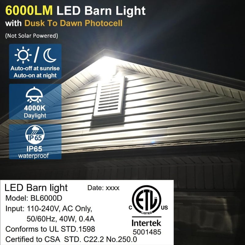 Owleye 6000LM Dusk to Dawn Outdoor Lighting LED Barn Light Security Lights, 42W 4000K Daylight, AC 120-240V, ETL Listed, Waterproof Outside Lights for Yard Warehouse Garage （2pack） - Image 3